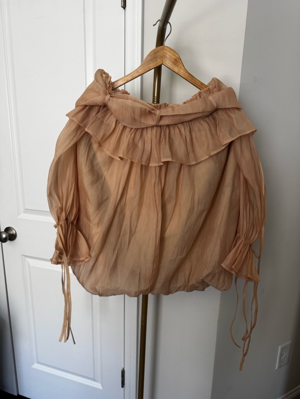 Off-Shoulder Ruffle Peasant Blouse in Nude - Picture 3 of 6